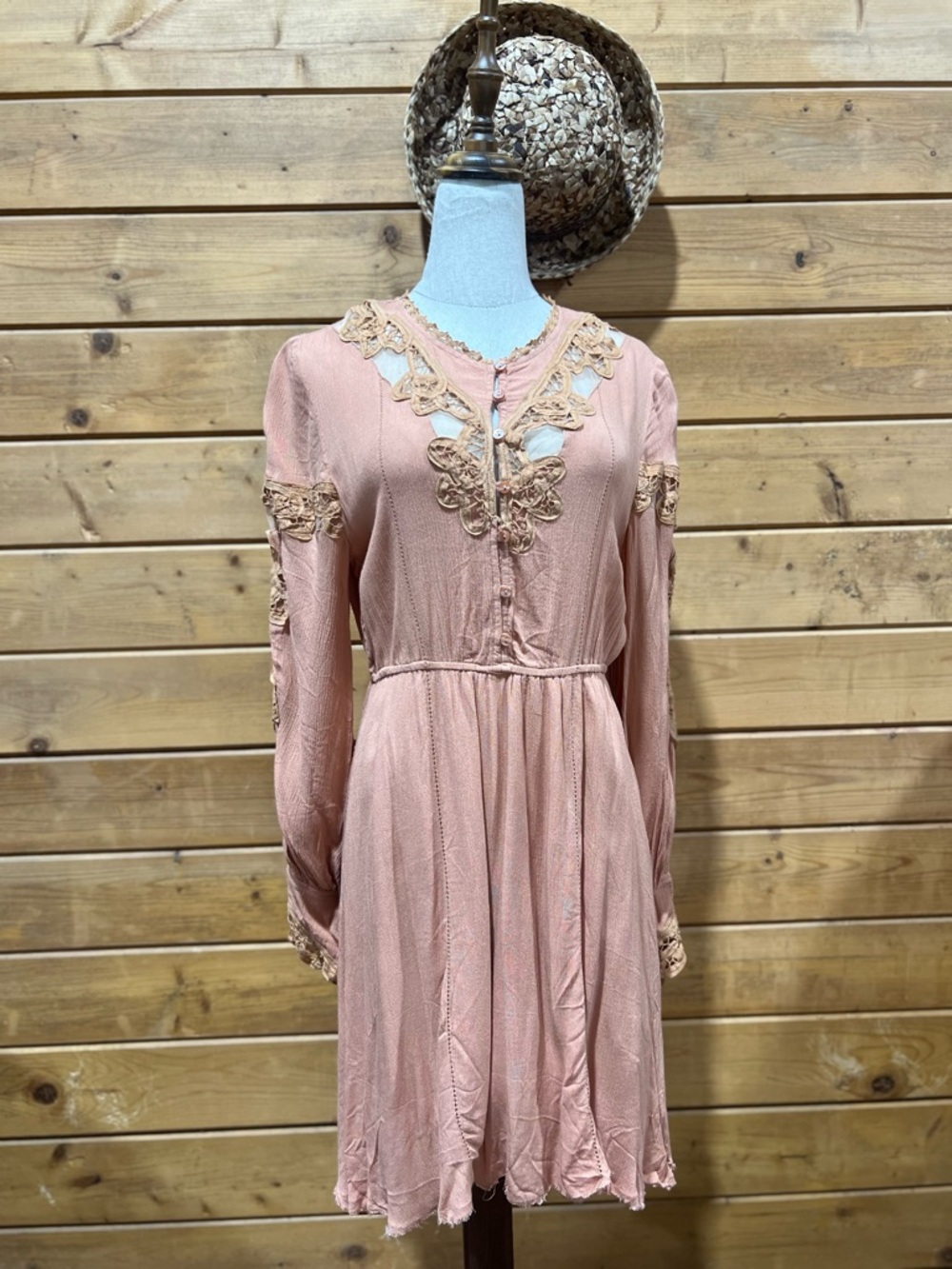 FP One Free People Crochet Lace Midi Tunic Dress Rust Pink Boho Small